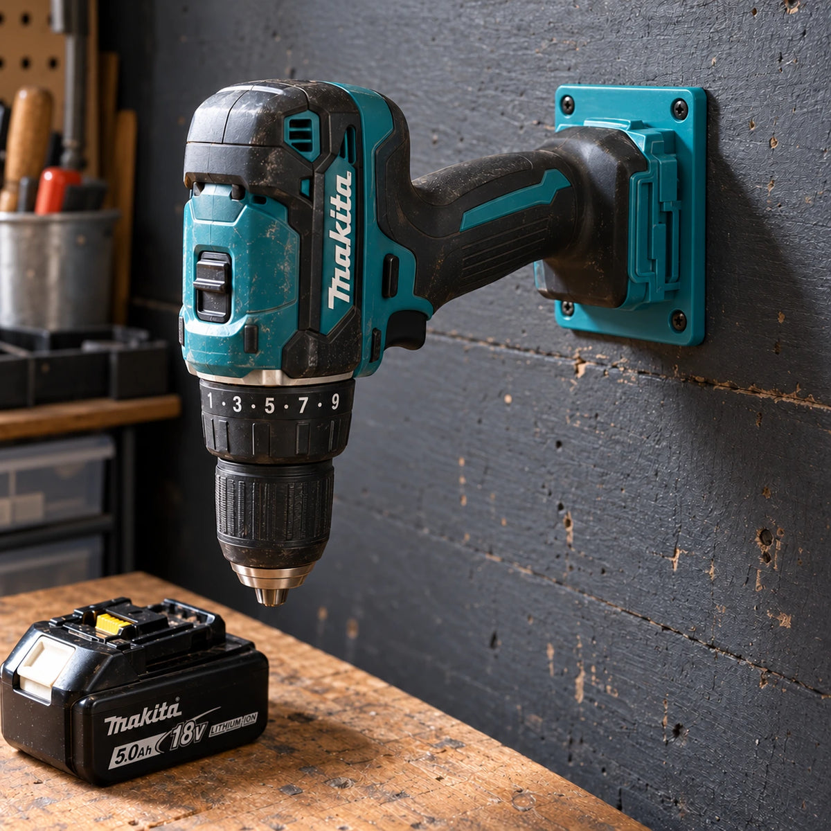 En Makita-drill henger i en turkis holder på en mørk vegg mens batteriet ligger på benken