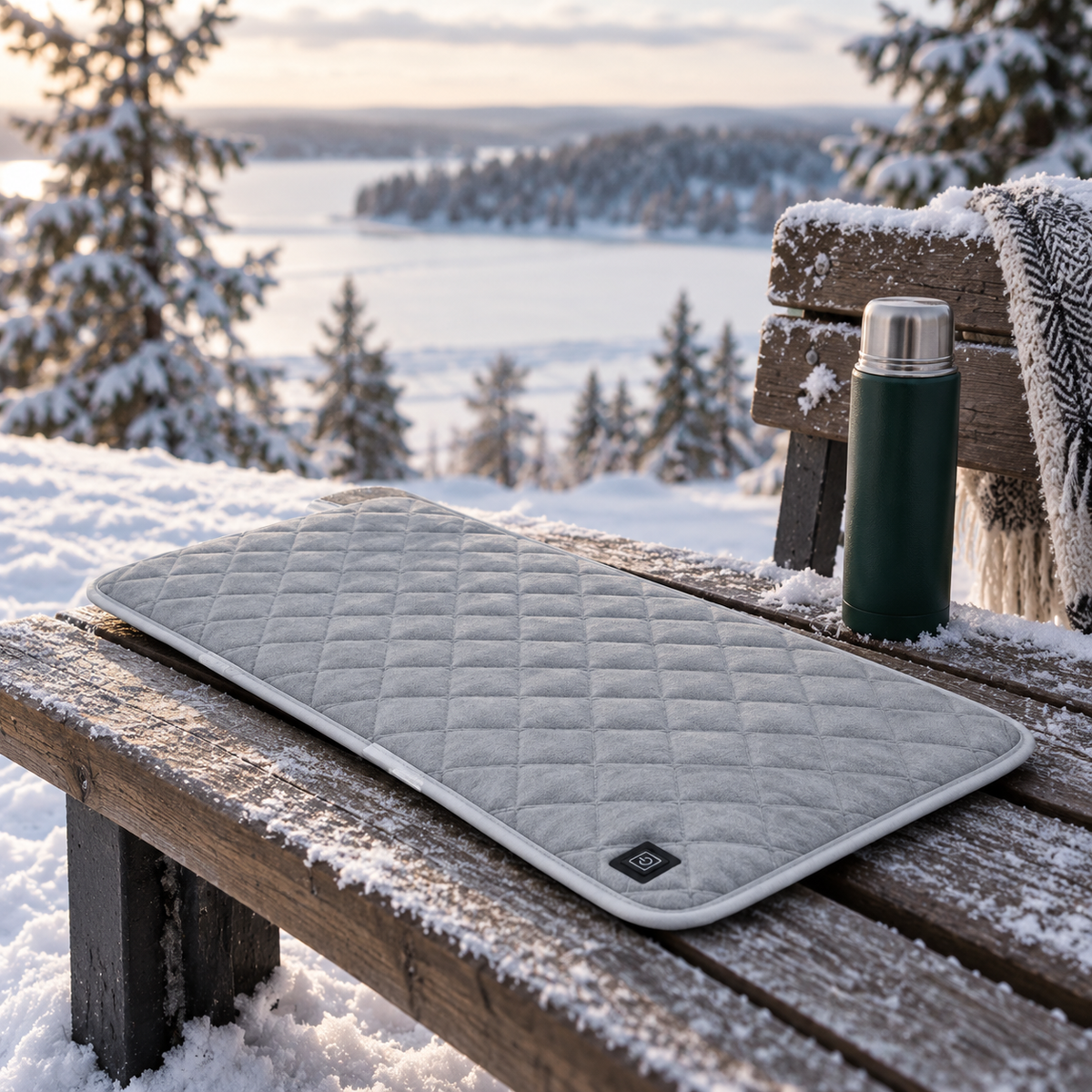 ORVO varmepute på en snødekt benk ved et vann en vinterdag