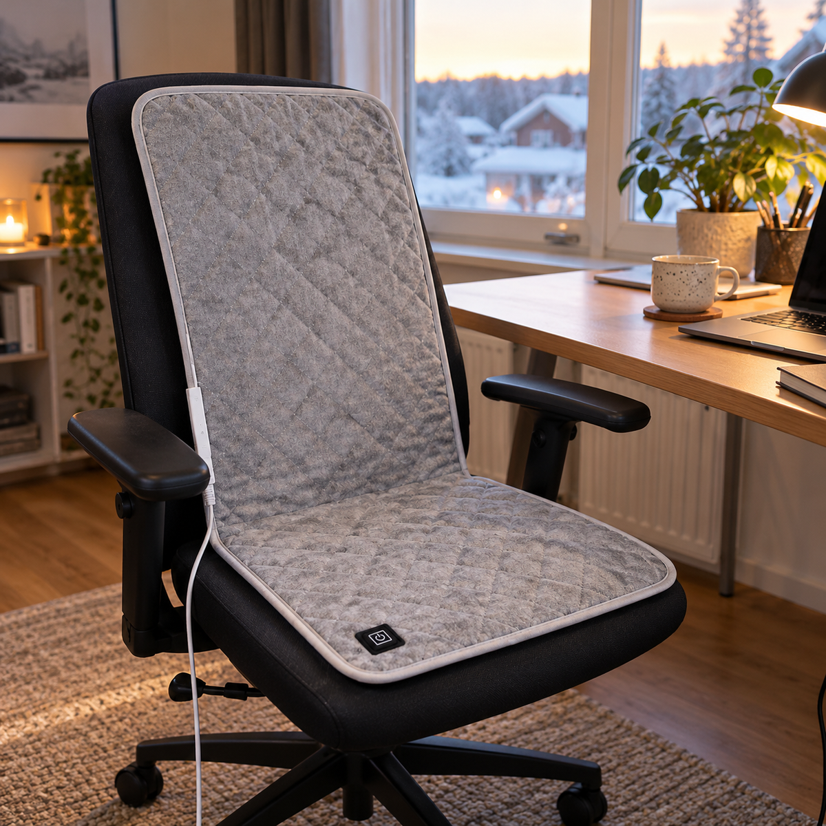 ORVO varmepute på en kontorstol ved et vindu med snødekt vinterlandskap