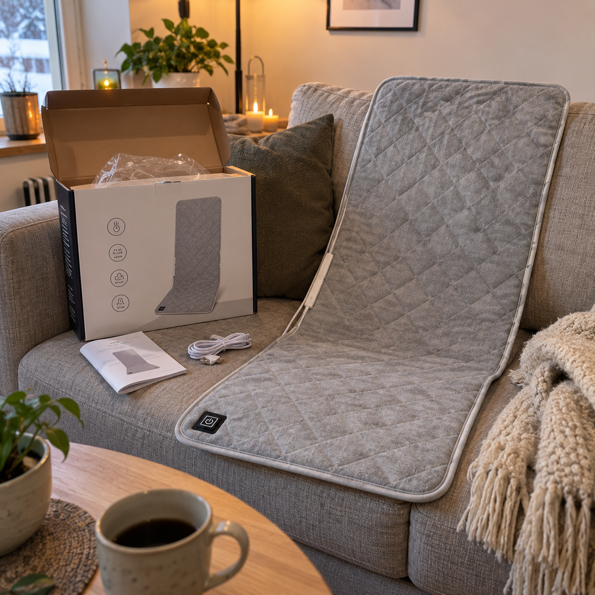 ORVO varmepute lagt ut i en sofa ved siden av den åpnede esken